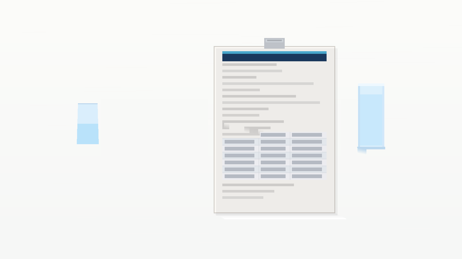 Illustration: a water standards committee document on a clipboard flanked by two glasses of water