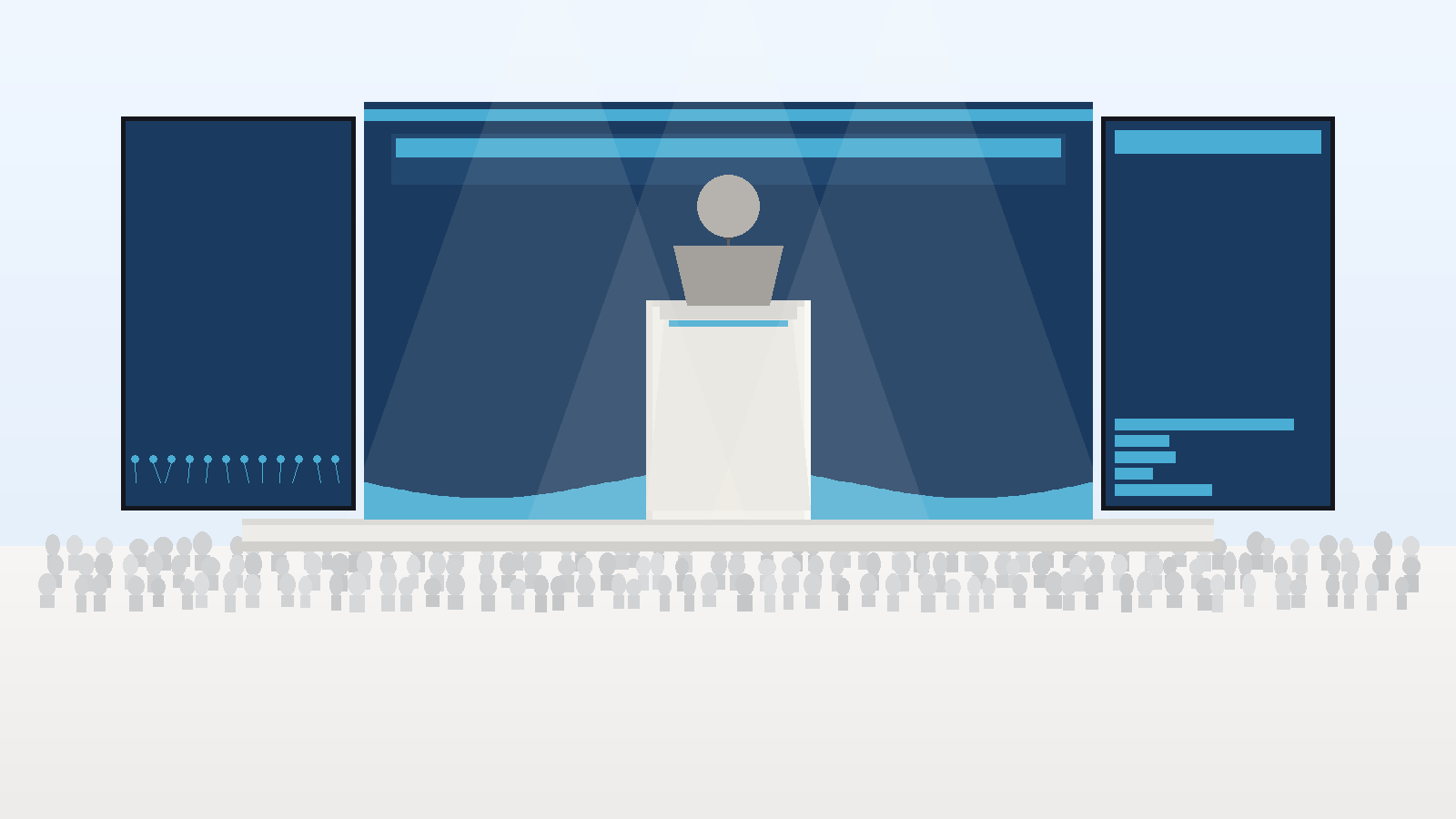 Illustration: a speaker presenting on a stage at a water-industry conference