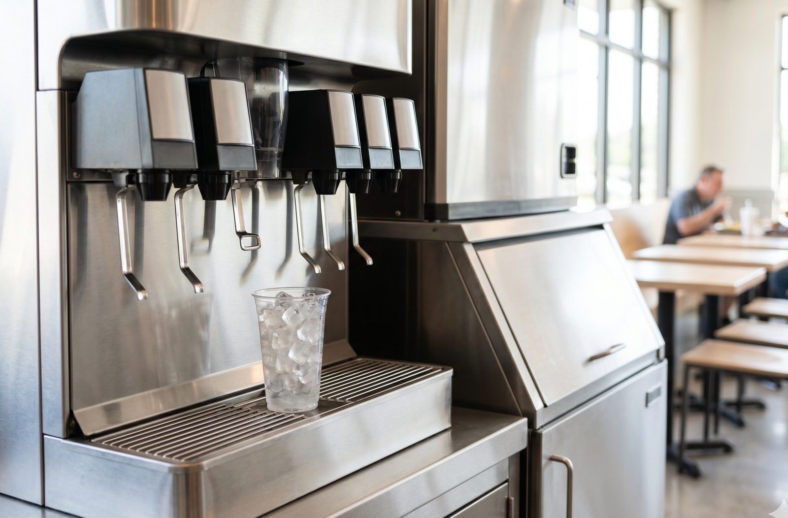 Commercial soda fountain dispenser and ice machine in a bright restaurant