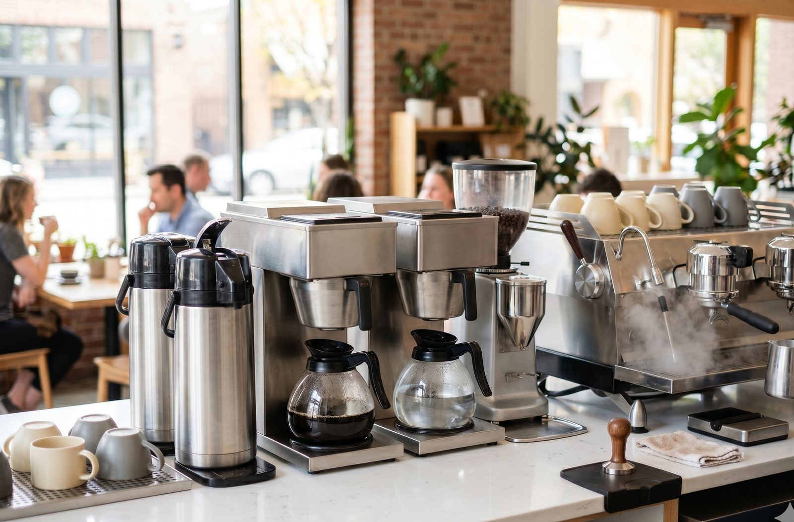 Commercial coffee brewers and espresso equipment on a cafe counter