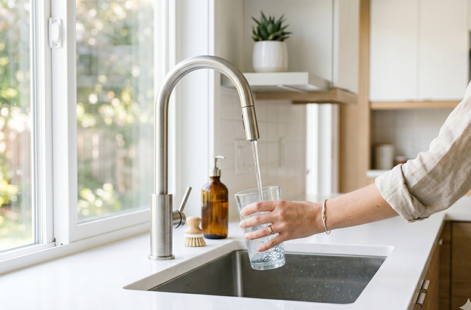 Clear filtered water filling a glass at a modern kitchen faucet