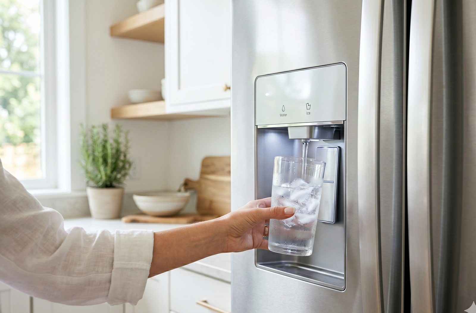 Clear ice water from a refrigerator dispenser in a bright kitchen