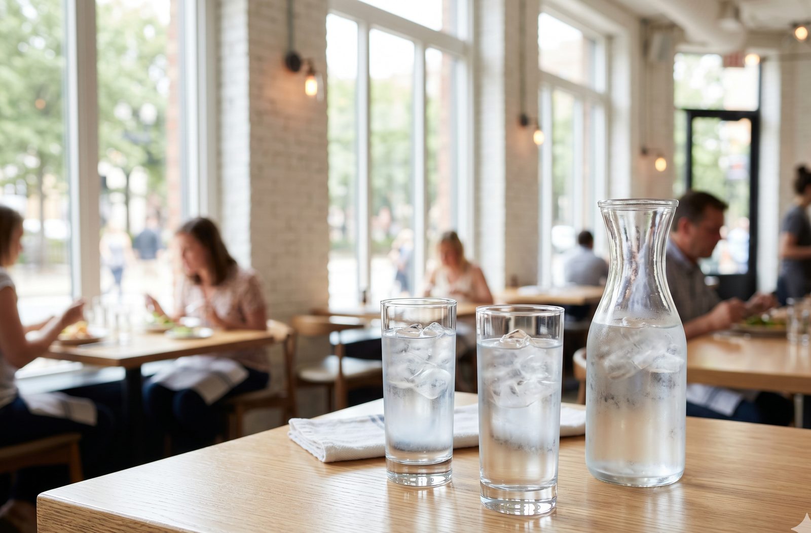 Glasses of clear iced water in a bright restaurant dining room
