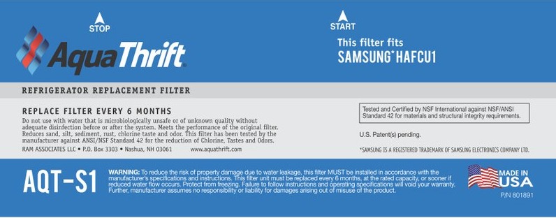 AquaThrift brand water filter label manufactured by Aquamor