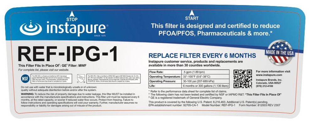 Instapure brand water filter label manufactured by Aquamor