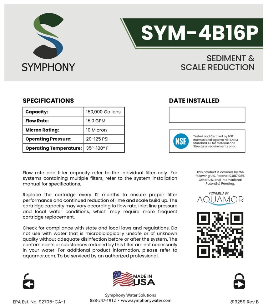 Symphony brand water filter label manufactured by Aquamor