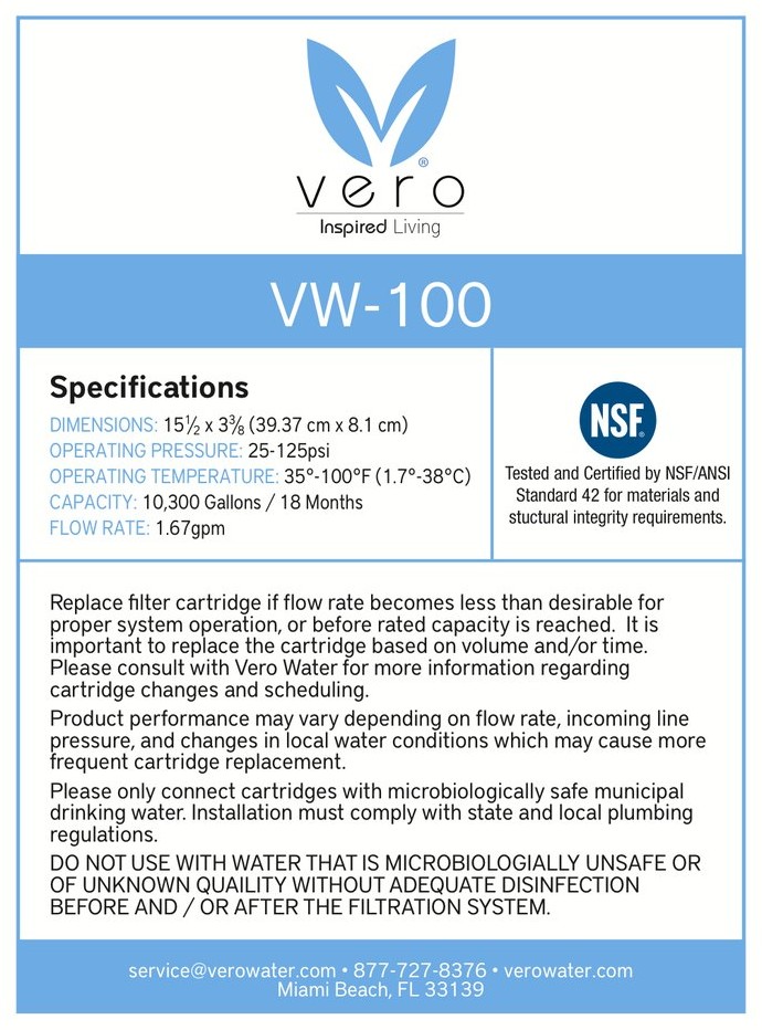 Vero brand water filter label manufactured by Aquamor