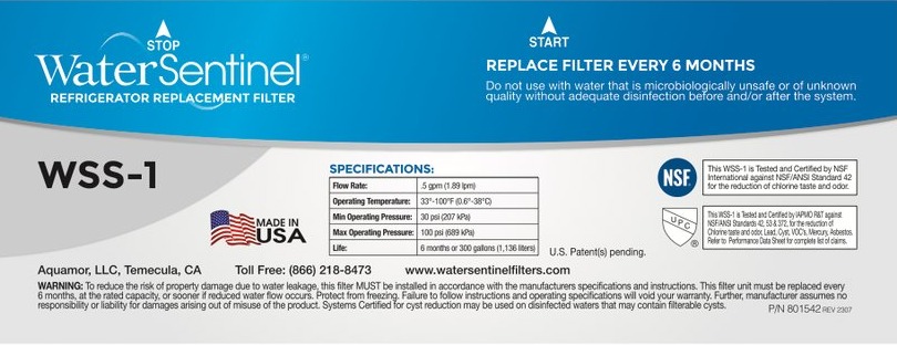 WaterSentinel brand water filter label manufactured by Aquamor