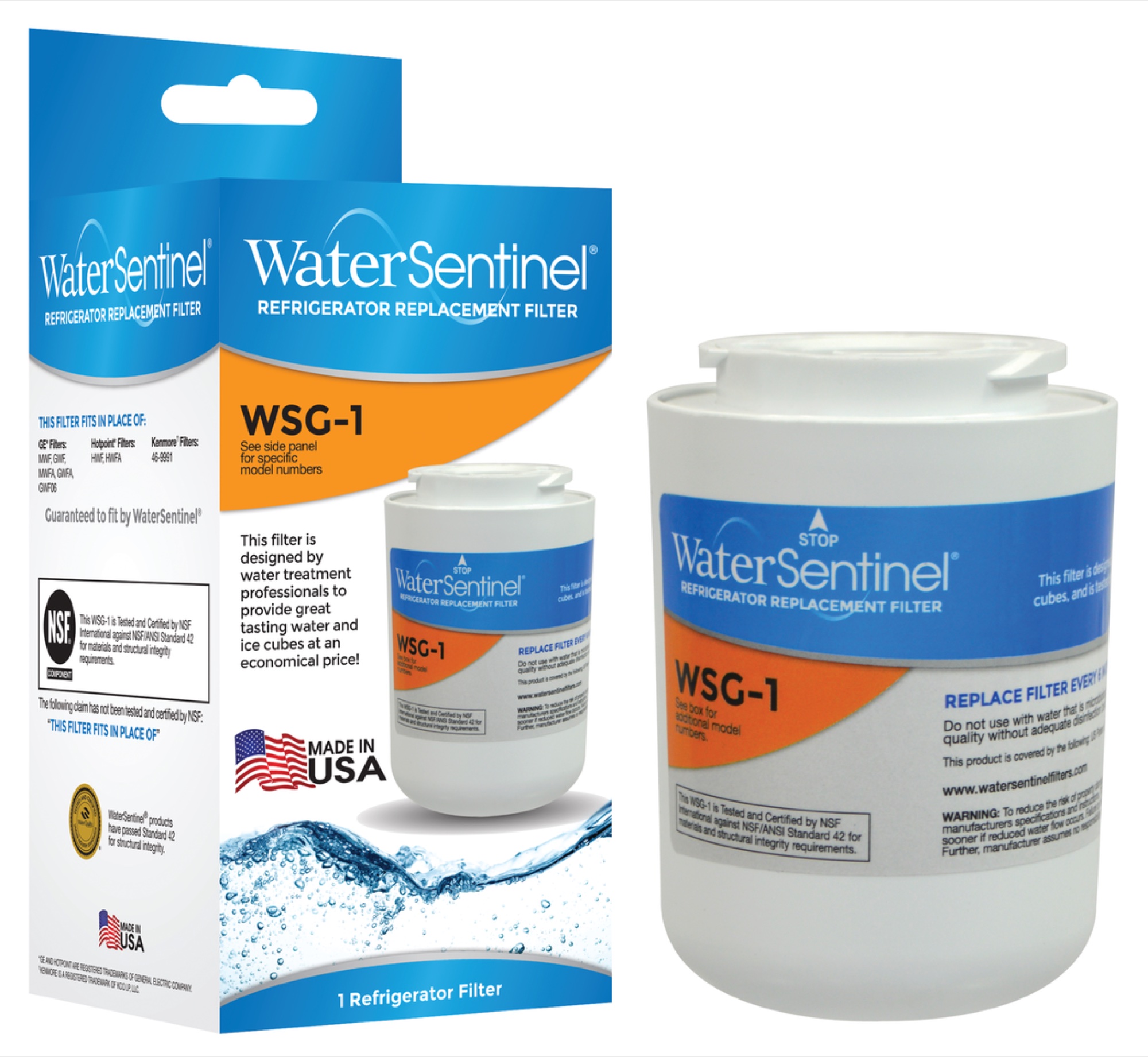 Shelf-ready retail-packaged refrigerator replacement filter with carton and cartridge on a white background