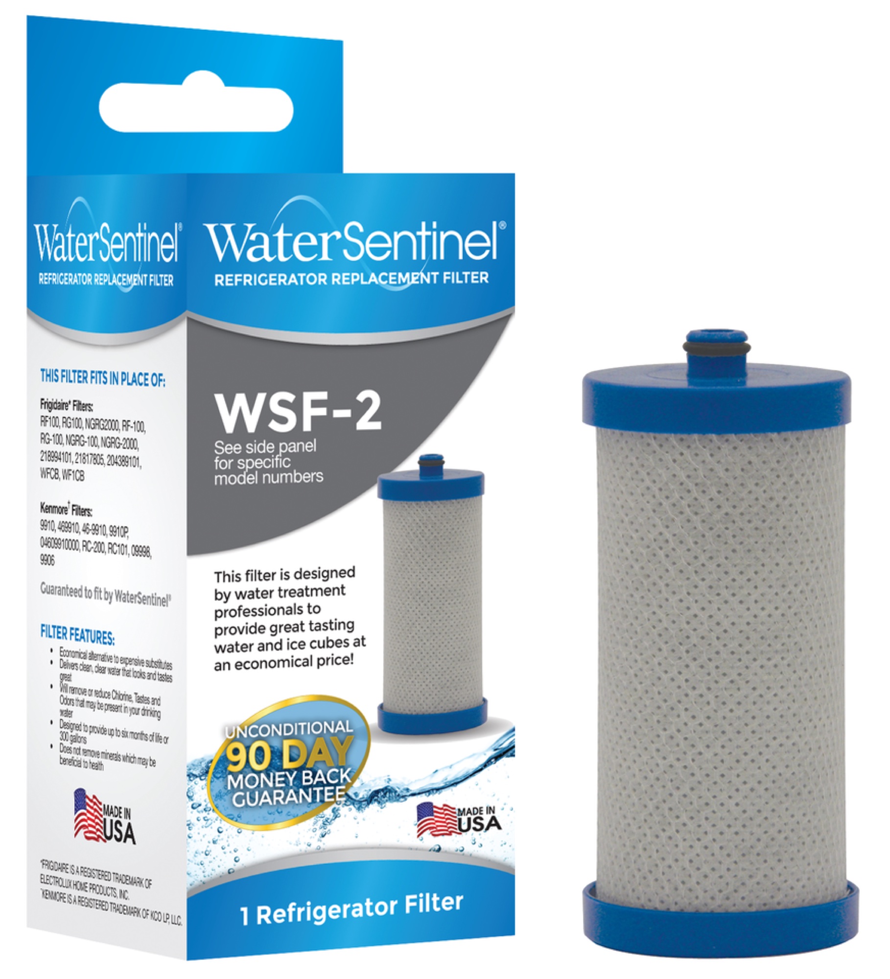 Individually packaged retail refrigerator filter shown with its carton on a white background